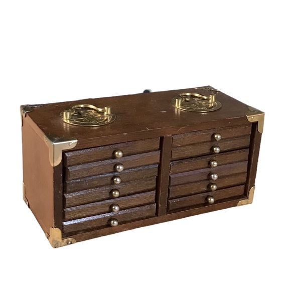 MCM Vintage Goodwood Teak Wooden Box Of 12 Wood And Cork Coasters Brass Handles - Picture 7 of 10